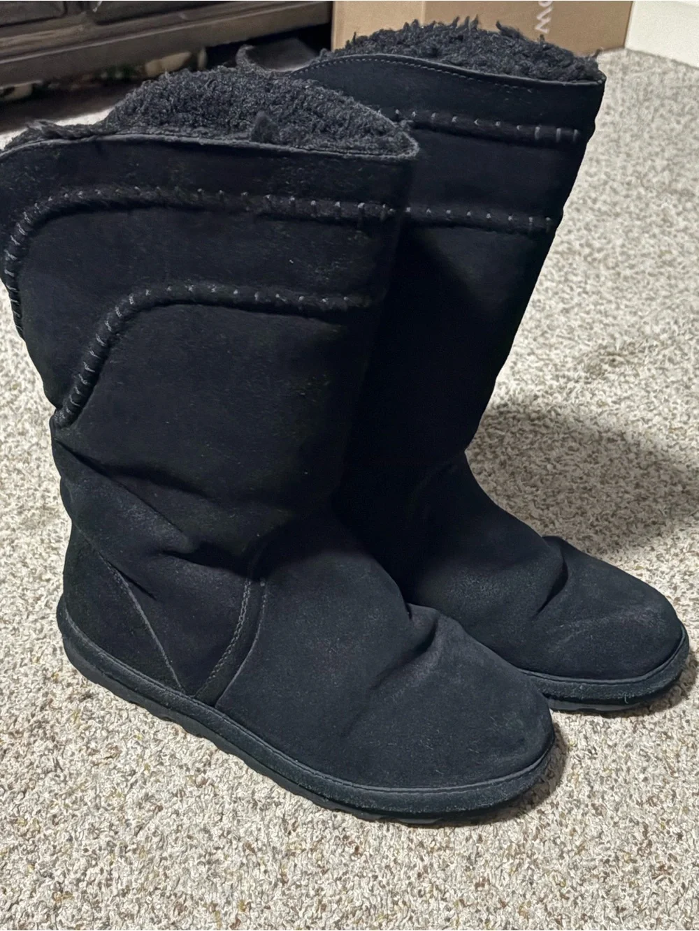 Bearpaw Mid Calf‎ Winter Boots Womens 10 Black Suede Faux Fur Whipstitch Detail
